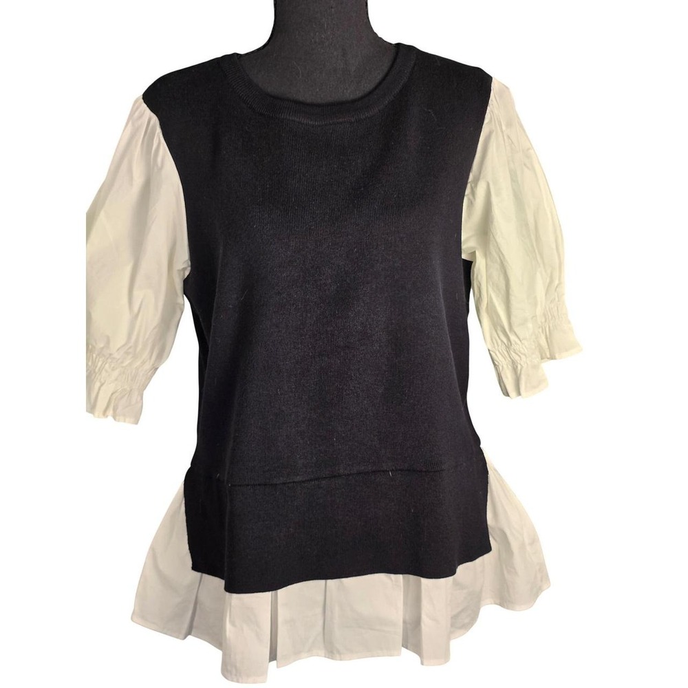 Anthropologie Mixed Media Puff Sleeve Peplum Top Black White Academia Feminine